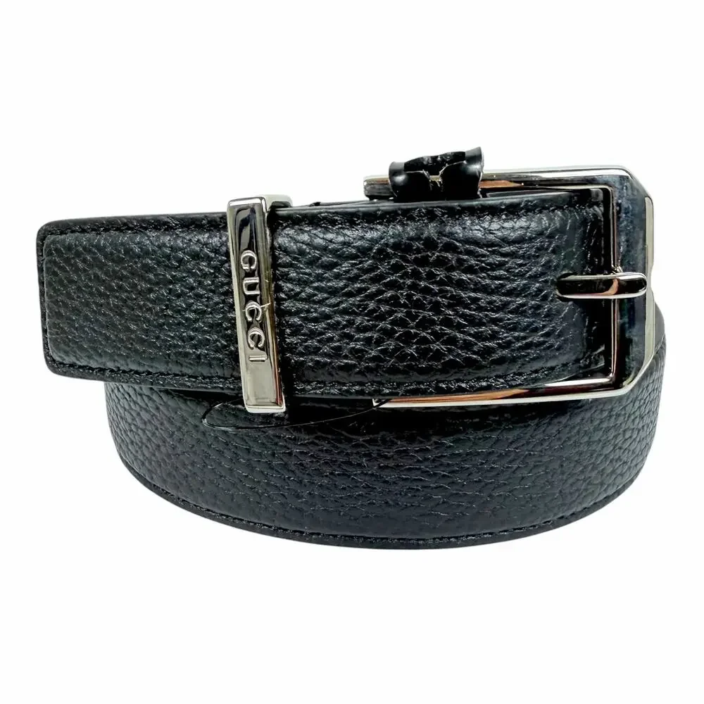 Gucci Rectangular Buckle Pebble Leather Belt Black Men Size 105cm/42